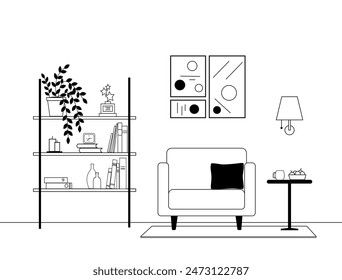 Living room with furniture: armchair, table, painting, shelf with books, plants. Line art interior. Vector illustration.