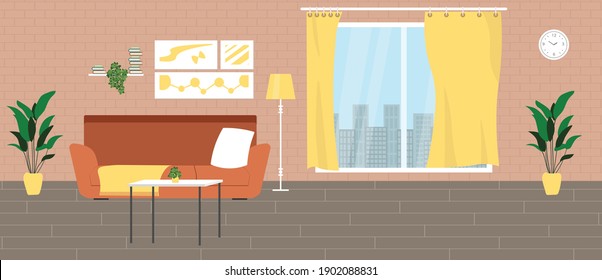 Living room with furniture and big window. Flat style vector interior illustration. Sofa, flowers. Daylight apartments. Hotel suite. Renting an apartment.