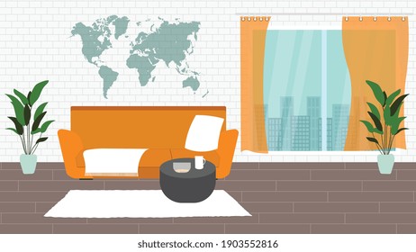 Living room with furniture and big window. Flat style vector interior illustration. Sofa, flowers. Daylight apartments. Hotel suite. Renting an apartment.