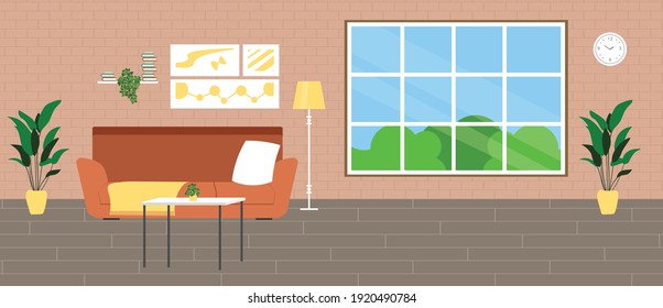 Living room with furniture and big window. Flat style vector interior illustration. Sofa, flowers. Daylight apartments. Hotel suite. Renting an apartment.