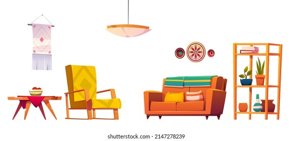 Living room furniture in boho style. Vector cartoon set of vintage lounge interior, couch with pillows, armchair, wooden table, rack with plants and dreamcatcher isolated on white background