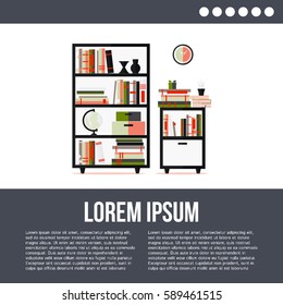 Living room furniture - bookcase, bookshelf and clock. Interior in flat style design. Vector illustration with place for your text.