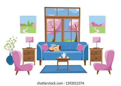 Living room furniture in bright colors on white background. Blue sofa with table, stands, lamps, carpet, porcelain set, soft chairs in room with large window. Outside spring trees. Flat cartoon vector