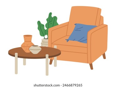 Living room furniture. Cartoon armchair and tea table, trendy cozy house interior elements flat vector illustration. Modern contemporary interior