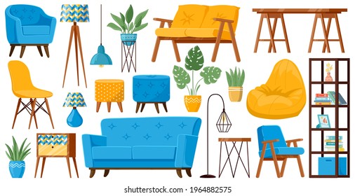 Living room furniture. Cartoon cozy home furniture, sofa, armchair, table, lamp and couch vector illustration set. Modern interior furniture. Couch furniture, flower and sofa, comfortable and cozy