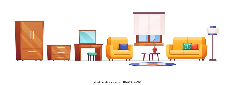 Living room furniture cartoon. Furniture for home interior decor, cozy living room. Wooden wardrobe, windows with curtains, armchair, pillows, sofa, lamps, coffee table, makeup dressing table, carpet