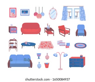 Living room furniture collection interior with stylish comfy furniture and home sofa, decoration vector illustration set. Cozy living rooms or apartments furnished in trendy hand drawn hygge style.
