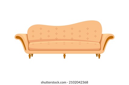 Living room furniture concept. Beautiful soft beige sofa with wavy back on small wooden legs. Seating for two persons. Sticker for apps. Cartoon flat vector illustration isolated on white background