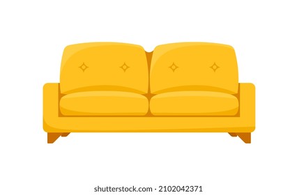 Living Room Furniture Concept. Colorful Sticker With Small Straight Yellow Sofa For Two People. Design Element For Interior Of House. Cartoon Flat Vector Illustration Isolated On White Background