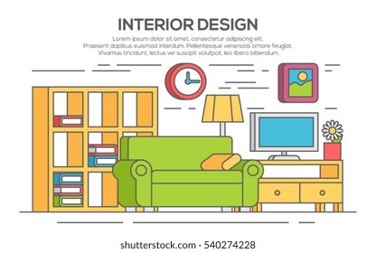 Living room with furniture. Concept of interior design. Thin line, flat design.