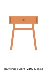 Living room furniture concept. Minimalistic sticker with wooden bedside table with one sliding shelf. Element of home interior design. Cartoon flat vector illustration isolated on white background
