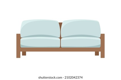 Living room furniture concept. Sticker with beautiful wooden sofa with soft seat and pillow. Small Couch for two people. Interior design. Cartoon flat vector illustration isolated on white background