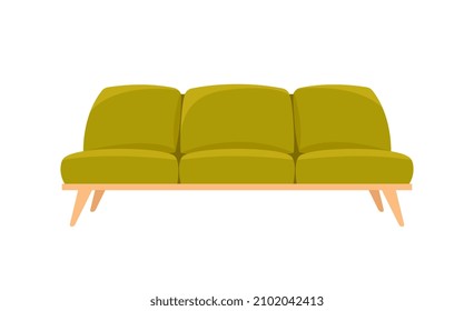 Living room furniture concept. Sticker with soft green sofa without armrests with long wooden legs. Interior design. For three persons. Cartoon flat vector illustration isolated on white background