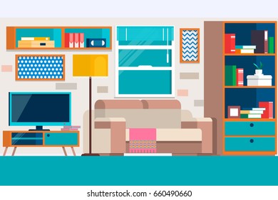 Living room with furniture. Cool graphic living room interior design with furniture sofa, chairs, bookcase, table, lamps. Flat vector illustration.