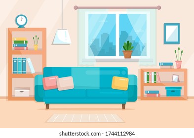 Living room with furniture. Cozy elegant interior of living room with a sofa, various decorations. Flat style, design template.