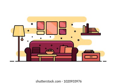 Living room with furniture. Cozy interior with sofa. Design concept. Flat line style vector illustration.