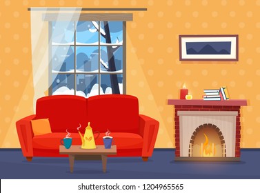 Living Room With Furniture. Cozy Interior With Sofa, Window With Winter Landscape And Fireplace.  Flat Cartoon Style Vector Illustration.