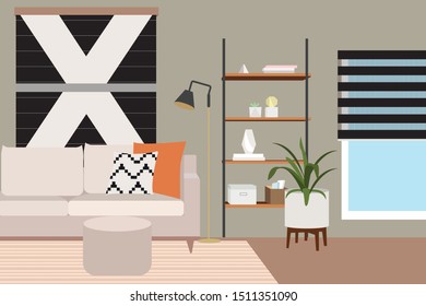 Living room with furniture. Cozy interior with sofa and tv. Flat style vector illustration. - Vector