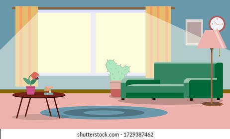 Living room with furniture. Cozy interior with sofa in living room. Flat style vector illustration. EPS