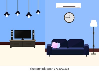 Living room with furniture. Cozy interior with sofa and tv. Flat style vector illustration.