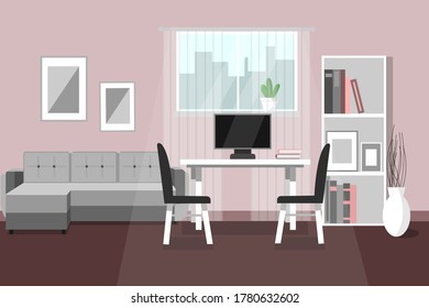 Living room with furniture, a cozy interior with a sofa, a workplace, and a bookshelf. Vector illustration, flat style.