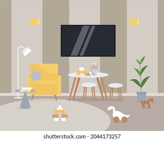 Living room with furniture. Cozy interior with armchair, table, flowerpot and TV. Vector illustration in flat style