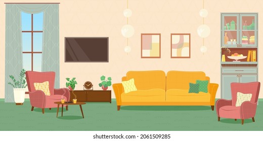 Living room with furniture. Cozy interior of a modern living room with a sofa, armchairs, sideboard, TV, flowers, window with curtains. Vector flat plane style. Graphic design template.