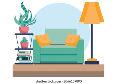 Living room with furniture. Cozy interior with sofa. Flat style