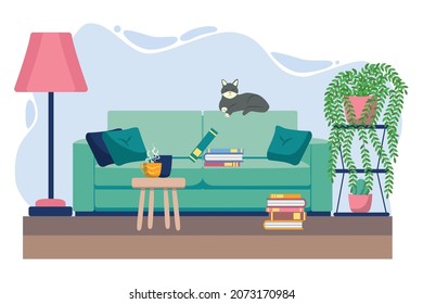 Living room with furniture. Cozy interior with sofa. Flat style