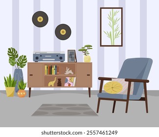 Living room furniture. Cozy interior. Armchair with pillows, cabinet with record player and records. Flat style. Vector 