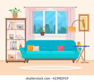 Living room with furniture. Cozy interior with sofa in living room.  Flat style vector illustration.