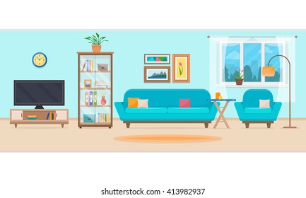 Living Room With Furniture. Cozy Interior With Sofa And Tv.  Flat Style Vector Illustration.