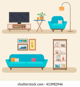 Living Room With Furniture. Cozy Interior With Sofa And Tv.  Flat Style Vector Illustration.