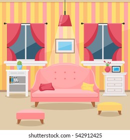 Living room with furniture. Cozy interior With sofa, windows and vase of flowers. Flat style vector