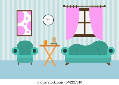 Living room with furniture. Cozy interior with sofa and armchair. Flat style vector illustration.
