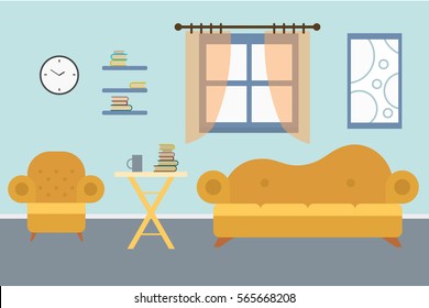 Living room with furniture. Cozy interior with sofa , Book shelf , table and armchair. Flat style vector illustration.