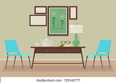 Living room with furniture. Cozy interior with chair and table. Flat style vector illustration.