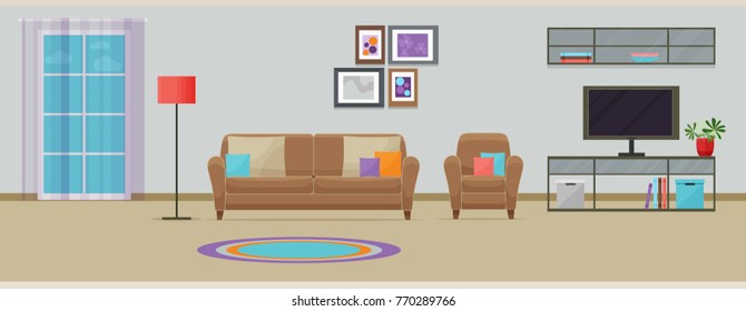 Living room with furniture. Cozy interior with sofa and tv. Flat style vector illustration.