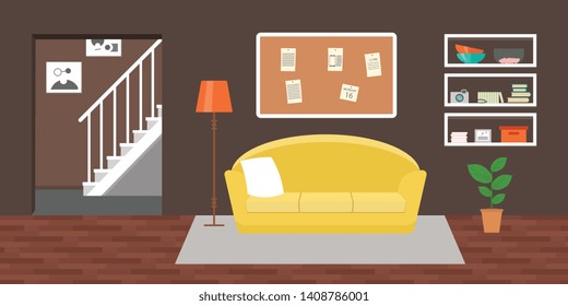 Living room with furniture. Daylight apartments . Hotel suite with city views. Upstairs. Renting a home . Flat style vector interior illustration . Sofa, pillow,  lamp, pictures on wall, flower, shelf