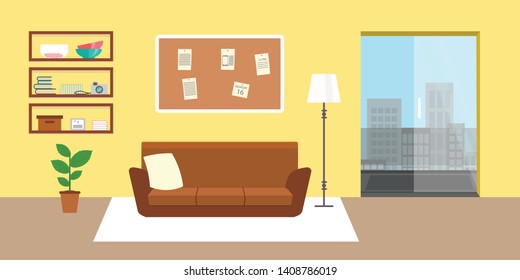 Living room with furniture. Daylight apartments . Hotel suite with city views. Upstairs. Renting a home . Flat style vector interior illustration . Sofa, pillow,  lamp, pictures on wall, flower, shelf