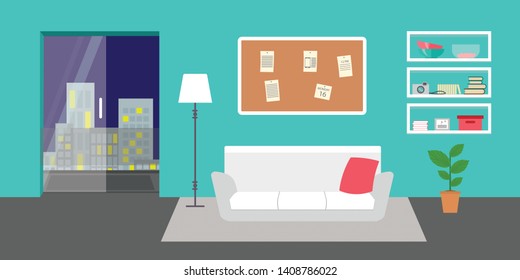 Living room with furniture. Daylight apartments . Hotel suite with city views. Upstairs. Renting a home . Flat style vector interior illustration . Sofa, pillow,  lamp, pictures on wall, flower, shelf