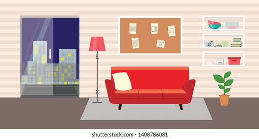 Living room with furniture. Daylight apartments . Hotel suite with city views. Upstairs. Renting a home . Flat style vector interior illustration . Sofa, pillow,  lamp, pictures on wall, flower, shelf