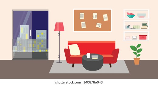 Living room with furniture. Daylight apartments . Hotel suite with city views. Upstairs. Renting a home . Flat style vector interior illustration . Sofa, pillow,  lamp, pictures on wall, flower, shelf