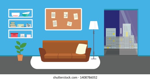 Living room with furniture. Daylight apartments . Hotel suite with city views. Upstairs. Renting a home . Flat style vector interior illustration . Sofa, pillow,  lamp, pictures on wall, flower, shelf