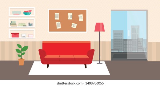 Living room with furniture. Daylight apartments . Hotel suite with city views. Upstairs. Renting a home . Flat style vector interior illustration . Sofa, pillow,  lamp, pictures on wall, flower, shelf