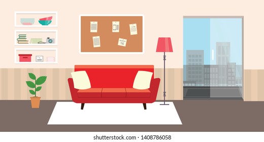 Living room with furniture. Daylight apartments . Hotel suite with city views. Upstairs. Renting a home . Flat style vector interior illustration . Sofa, pillow,  lamp, pictures on wall, flower, shelf