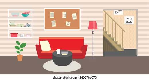 Living room with furniture. Daylight apartments . Hotel suite with city views. Upstairs. Renting a home . Flat style vector interior illustration . Sofa, pillow,  lamp, pictures on wall, flower, shelf