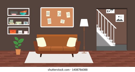 Living room with furniture. Daylight apartments . Hotel suite with city views. Upstairs. Renting a home . Flat style vector interior illustration . Sofa, pillow,  lamp, pictures on wall, flower, shelf