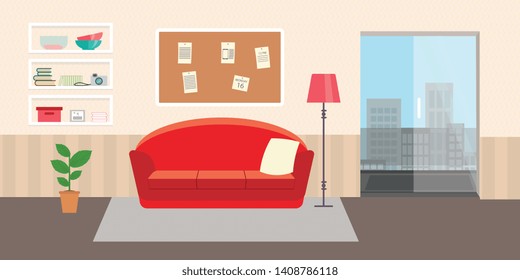 Living room with furniture. Daylight apartments . Hotel suite with city views. Upstairs. Renting a home . Flat style vector interior illustration . Sofa, pillow,  lamp, pictures on wall, flower, shelf