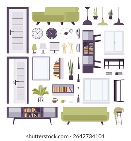 Living room furniture and decorative items objects pack. Creating positive design project, living room inspiration, residential home, commercial office setting, public space. Vector illustration